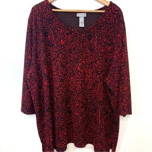 Catherines Red Print Blouse Tunic Woman 3X Scoop Neck Half Sleeve Stretch Casual